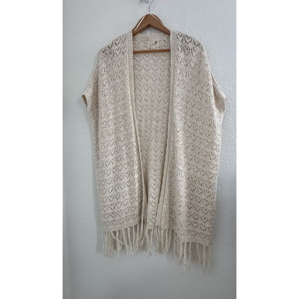 LA Hearts Cardigan Vest Womens OS Cream Linen Blend Open Knit Fringe Earthy Boho